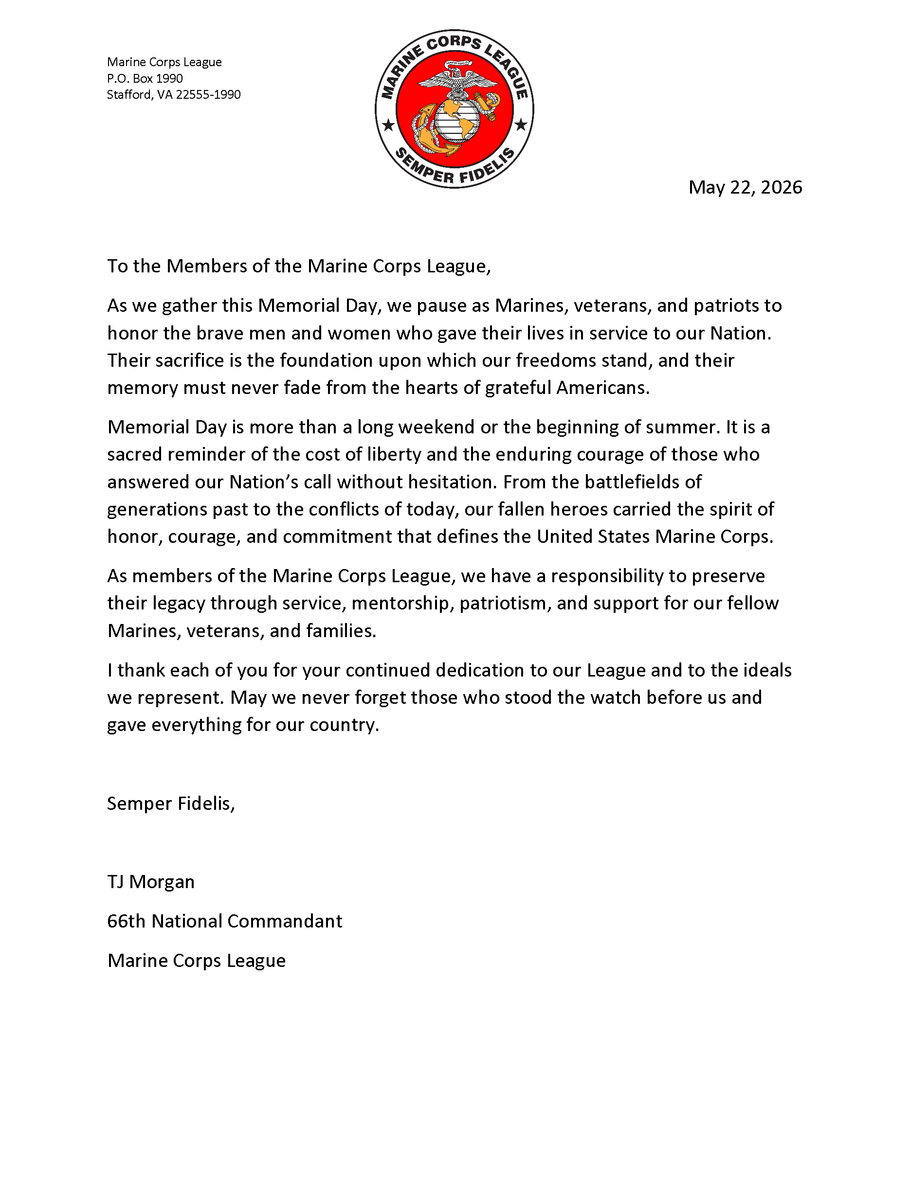 National Commandants Memeorial Day Message